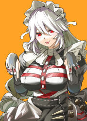 1girl :p absurdres alexandrina_sebastiane amateru black_gloves breasts gloves hair_between_eyes highres large_breasts light_blush light_brown_hair long_hair long_sleeves looking_at_viewer maid maid_headdress orange_background partially_fingerless_gloves red_eyes sidelocks simple_background smile solo tongue tongue_out upper_body zenless_zone_zero