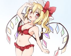 Rule 34 | 1girl, :d, arm up, bare arms, bare shoulders, bikini, blonde hair, blush, bow, breasts, collarbone, commentary request, cowboy shot, crystal, eyes visible through hair, fangs, flandre scarlet, frilled bikini, frills, front-tie bikini top, front-tie top, hair between eyes, hat, hat ribbon, highres, looking at viewer, medium hair, mob cap, one side up, open mouth, red bikini, red bow, red eyes, red ribbon, ribbon, side ponytail, simple background, small breasts, smile, solo, standing, suwa yasai, swimsuit, touhou, white background, wings