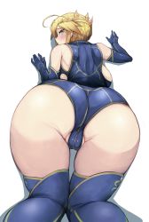Rule 34 | 1girl, ahoge, artoria pendragon (fate), artoria pendragon (lancer) (fate), ass, backboob, bent over, blonde hair, blue thighhighs, braid, breasts, crown, dress, elbow gloves, fate/grand order, fate (series), french braid, from behind, gloves, green eyes, hand on wall, heattech leotard, highres, hip focus, huge ass, kamaboko (ossann0125), large breasts, mature female, sideboob, sleeveless, sleeveless dress, solo, thick thighs, thighhighs, thighs, turtleneck, wide hips