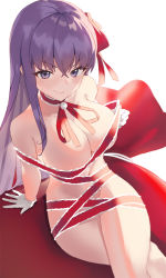 Rule 34 | 1girl, arm support, bb (fate), bb (fate/extra), blush, breasts, choker, cleavage, closed mouth, collarbone, crossed bangs, crossed legs, fate/grand order, fate (series), from above, gloves, groin, hair ribbon, hand up, highres, large breasts, long hair, looking at viewer, naked ribbon, naughty face, navel, purple eyes, purple hair, red ribbon, ribbon, sack, seon (seonon ), simple background, sitting, smirk, solo, thighs, v-shaped eyebrows, very long hair, white background, white gloves