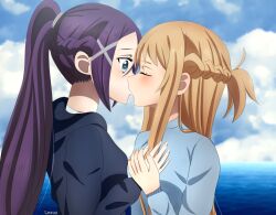 2girls asuna_(sao) blush breasts brown_hair closed_eyes commentary english_commentary green_eyes hair_ornament highres hood hooded_jacket jacket kiss lexuz long_hair long_sleeves mito_(sao) multiple_girls ocean ponytail shirt small_breasts sword_art_online tozawa_misumi x_hair_ornament yuri