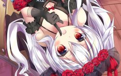 Rule 34 | 1girl, azur lane, bad id, bad pixiv id, bare shoulders, black dress, blush, bow, brown eyes, chair, collarbone, commentary request, desk, dress, elbow gloves, fang, floral print, flower, gloves, grey gloves, hair between eyes, hair flower, hair ornament, halterneck, indoors, long hair, looking at viewer, lying, mitsuhamochi, on back, on desk, open mouth, print gloves, red bow, red flower, red ribbon, red rose, ribbon, rose, school chair, school desk, see-through, sidelocks, silver hair, solo, twintails, vampire (azur lane), vampire (eloi&#039;s blessing) (azur lane), veil, very long hair, wooden floor
