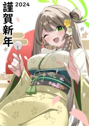 Rule 34 | 1girl, 2024, absurdres, blue archive, blush, breasts, flower, green eyes, green halo, hair between eyes, hair flower, hair ornament, halo, happy new year, highres, japanese clothes, kimono, large breasts, light brown hair, long hair, long sleeves, looking at viewer, mimikaki, mizumok1, new year, nonomi (blue archive), obi, one eye closed, open mouth, pink flower, sash, smile, solo, wide sleeves, yellow flower, yellow kimono