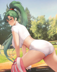 Rule 34 | 1girl, ass, aztodio, baseball, baseball glove, blurry, blurry background, blush, breasts, fire emblem, fire emblem: the blazing blade, green eyes, green hair, large breasts, long hair, looking at viewer, lyn (fire emblem), midriff, nintendo, outdoors, parted lips, ponytail, shirt, short sleeves, shorts, solo, thighs, very long hair, white shirt, white shorts