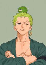 Rule 34 | 1boy, bandana around arm, commentary, crossed arms, earrings, green background, green hair, green kimono, highres, japanese clothes, jewelry, kimono, komucom03, looking to the side, looking up, male focus, moss, one eye closed, one piece, roronoa zoro, scar, scar across eye, scar on chest, short hair, upper body, v-shaped eyebrows