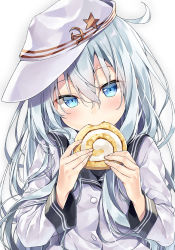 Rule 34 | 10s, 1girl, biting, blue eyes, blue hair, blush, buttons, cake, cinnamon roll, eyelashes, fingernails, flat cap, flat chest, food, hair between eyes, hammer and sickle, hat, head tilt, hibiki (kancolle), holding, holding food, kakao rantan, kantai collection, long hair, long sleeves, looking at viewer, matching hair/eyes, messy hair, school uniform, serafuku, silver hair, simple background, solo, star (symbol), sweets, swiss roll, upper body, verniy (kancolle), white background, white hat