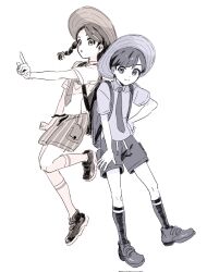 1boy 1girl bag braid cargo_shorts collared_shirt creatures_(company) eyelashes florian_(pokemon) fua1heyvot4ifsr game_freak hat highres juliana_(pokemon) monochrome naranja_academy_school_uniform necktie nintendo open_mouth pokemon pokemon_sv school_uniform shirt short_hair short_sleeves shorts smile socks uva_academy_school_uniform