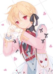 Rule 34 | 1boy, androgynous, beads, belt, blonde hair, braid, brooch, cross x mark (ensemble stars!), ensemble stars!, gloves, hair ribbon, hands up, heart, heart brooch, highres, jacket, jewelry, long sleeves, looking at viewer, lying, male focus, neck ribbon, nito nazuna, on back, on floor, own hands together, red eyes, ribbon, rorol, short hair, slit pupils, smile, solo, tile floor, tiles