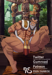 Rule 34 | 1boy, abs, absurdres, anus, bara, beard, brown hair, bulge, come hither, dark-skinned male, dark skin, facial hair, grey hair, highres, large pectorals, long beard, male focus, mature male, meng huo (sangokushi taisen), multicolored hair, muscular, muscular male, navel, navel hair, nipples, old, old man, paid reward available, pectorals, pelvic curtain, ryans, sangokushi puzzle taisen, seductive smile, smile, solo, spread anus, spread legs, stomach, thick thighs, thighs, tied beard, two-tone hair, underpec