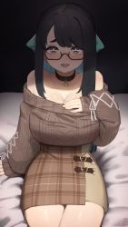 Rule 34 | 1girl, absurdres, aran sweater, asymmetrical bangs, bare shoulders, black hair, blue hair, blush, borrowed character, breasts, brown-framed eyewear, brown sweater, cable knit, choco-chan, choker, cleavage, cleavage reach, colored inner hair, commentary, english commentary, fang, fangs, fingernails, glasses, green eyes, heart, heart-shaped pupils, heart choker, highres, large breasts, legs together, long hair, looking at viewer, mole, mole under mouth, multicolored hair, naughty face, no bra, nose blush, off-shoulder sweater, off shoulder, on bed, open mouth, original, plaid, plaid skirt, semi-rimless eyewear, shade, shaded face, shiny skin, sitting, skirt, solo, sweater, symbol-shaped pupils, tongue, tostantan, two-tone hair, under-rim eyewear