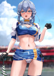 Rule 34 | 1girl, blue eyes, blue hair, breasts, chicken (chickenx), cowboy shot, cropped jacket, gloves, gotland (kancolle), hair between eyes, highres, kantai collection, large breasts, long hair, looking at viewer, mole, mole under eye, official alternate costume, open mouth, panties, pantyshot, race queen, smile, solo, umbrella, underwear