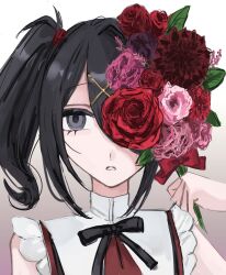Rule 34 | 1girl, ame-chan (needy girl overdose), black hair, black ribbon, bouquet, collared shirt, flower, grey eyes, hair ornament, hair over one eye, hand up, highres, holding, holding bouquet, long hair, looking at viewer, neck ribbon, needy girl overdose, open mouth, pink flower, portrait, red flower, red rose, red shirt, ribbon, rose, sanmanako, shirt, solo, twintails, x hair ornament