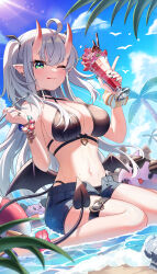 Rule 34 | 1girl, :q, absurdres, ahoge, bare shoulders, bead bracelet, beads, bikini, black bikini, black choker, black nails, blue shorts, bracelet, breasts, choker, cleavage, closed mouth, criss-cross halter, day, demon tail, demon wings, denim, denim shorts, green eyes, halterneck, hands up, heart, highres, holding, horns, jewelry, kinyouny, large breasts, light rays, low wings, mini wings, mole, mole on breast, mole on thigh, nail polish, navel, one eye closed, oni horns, open fly, original, outdoors, parfait, pointy ears, scrunchie, short shorts, shorts, sitting, smile, solo, stomach, string bikini, sunbeam, sunlight, swimsuit, tail, thigh strap, thighs, tongue, tongue out, two side up, wariza, water, wet, white hair, wings, wrist scrunchie