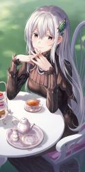 Rule 34 | 1girl, absurdres, bad id, bad pixiv id, black capelet, black dress, breasts, brown eyes, butterfly hair ornament, capelet, chair, closed mouth, colored eyelashes, commentary request, cup, dress, echidna (re:zero), elbow rest, food, hair between eyes, hair ornament, hairclip, highres, interlocked fingers, long hair, long sleeves, looking at viewer, looking up, medium breasts, plate, re:zero kara hajimeru isekai seikatsu, saucer, silver hair, sitting, smile, solo, spoon, table, tea, tea set, teacup, teapot, tiered tray, tokkyu, very long hair