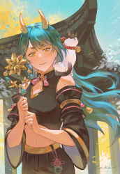 Rule 34 | 1girl, absurdres, animal, animal on shoulder, architecture, blue hair, breasts, cat, cat on shoulder, day, detached sleeves, dragon horns, east asian architecture, highres, horns, long hair, looking at viewer, medium breasts, midriff, navel, original, outdoors, shiro-hane, solo, wind, yellow eyes