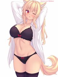 Rule 34 | 1girl, animal ear fluff, animal ears, arms behind head, arms up, black bra, black panties, black thighhighs, blonde hair, bow, bow bra, bow panties, bra, breasts, cat ears, cat girl, cat tail, cleavage, commentary, cowboy shot, english commentary, fang, groin, hair between eyes, highres, large breasts, long hair, navel, no pants, nottytiffy, one eye closed, open clothes, open mouth, open shirt, original, panties, patreon username, red eyes, shirt, sidelocks, simple background, skindentation, slit pupils, solo, standing, tail, thighhighs, tiffy (nottytiffy), underwear, white shirt