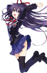 Rule 34 | 10s, 1girl, :d, arms up, black footwear, black jacket, black thighhighs, blazer, blue skirt, buttons, date a live, emblem, hair ribbon, jacket, loafers, long hair, long sleeves, looking at viewer, open mouth, pleated skirt, ponytail, purple eyes, purple hair, red ribbon, ribbon, school uniform, shoes, simple background, skirt, smile, solo, thighhighs, transparent background, tsunako, very long hair, white background, yatogami tooka, zettai ryouiki