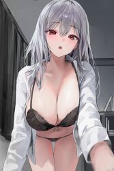 Rule 34 | 1girl, absurdres, black bra, blush, bra, breasts, double-parted bangs, foreshortening, grey hair, hair between eyes, highres, indoors, large breasts, leaning forward, lillly, long hair, looking at viewer, open clothes, open mouth, open shirt, original, red eyes, shirt, underwear, white shirt