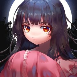 Rule 34 | 1girl, backlighting, bamboo, black hair, blush, expressionless, frilled shirt collar, frills, full moon, hands in opposite sleeves, highres, houraisan kaguya, long hair, long sleeves, looking at viewer, moon, moonlight, night, night sky, outdoors, red eyes, shianebulae, sky, solo, star (sky), starry sky, touhou, upper body