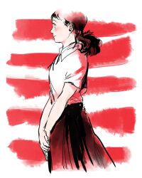 Rule 34 | 1girl, cropped legs, floating hair, freckles, from side, hair ribbon, monochrome, mukae ritsuko, own hands clasped, own hands together, poiv, red theme, ribbon, sakamichi no apollon, shirt, short twintails, skirt, smile, solo, twintails