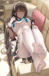 Rule 34 | 1girl, absurdres, ahoge, black hair, blue archive, blue bow, blue bowtie, blush, bow, bowtie, breasts, checkered floor, closed mouth, couch, dark-skinned female, dark skin, feet, full body, gloves, highres, indoors, karin (blue archive), large breasts, long hair, looking at viewer, lying, maid headdress, no shoes, on back, pantyhose, pillow, short sleeves, soles, solo, thighs, toes, white gloves, white headwear, white pantyhose, yellow eyes, yj (yojo san)