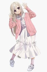 Rule 34 | 1girl, arms up, brown eyes, cardigan, collared dress, dress, full body, grey hair, highres, long dress, long hair, long sleeves, looking at viewer, multicolored hair, nanao mugi, open cardigan, open clothes, original, pink cardigan, pink socks, purple hair, shoes, simple background, smile, sneakers, socks, solo, streaked hair, two-tone hair, white background, white dress, white footwear
