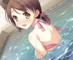 Rule 34 | 1girl, bikini, blush, brown hair, embarrassed, hair ornament, hirosaki kanade, kantoku, looking at viewer, looking back, open mouth, partially submerged, pink bikini, polka dot, polka dot bikini, polka dot swimsuit, pool, short twintails, solo, star (symbol), swimsuit, twintails, wardrobe malfunction, water, your diary