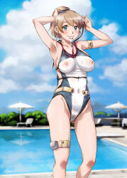 Rule 34 | 1girl, alternate costume, blue eyes, blue sky, breasts, brown hair, cloud, commission, competition swimsuit, covered erect nipples, covered navel, day, grey one-piece swimsuit, highleg one-piece swimsuit, intrepid (kancolle), kantai collection, large breasts, one-piece swimsuit, outdoors, pixiv commission, ponytail, pool, poolside, sameha ikuya, short hair, sky, standing, swimsuit, whistle, whistle around neck, white one-piece swimsuit