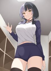 Rule 34 | 1girl, black hair, breasts, choker, covered navel, from above, gluteal fold, gym uniform, hololive, hololive english, large breasts, locker, locker room, long sleeves, self-upload, shiori novella, short hair, solo, thick thighs, thighhighs, thighs, virtual youtuber, waving, white hair, yellow eyes, zeropen
