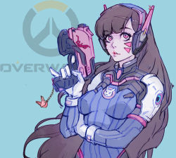 Rule 34 | 1girl, animal print, armor, blunt bangs, bodysuit, bracer, breasts, breasts apart, brown eyes, brown hair, charm (object), copyright name, covered erect nipples, d.va (overwatch), eyebrows, facepaint, facial mark, gloves, gun, hand up, handgun, headphones, high collar, holding, holding gun, holding weapon, image sample, inverted nipples, lily chen, lips, lipstick, long hair, looking at viewer, lowres, makeup, medium breasts, nipples, overwatch, overwatch 1, parted lips, pauldrons, pilot suit, pink lips, pinky out, rabbit print, shoulder armor, shoulder pads, solo, turtleneck, upper body, weapon, whisker markings, white gloves