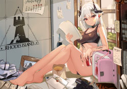 Rule 34 | 1girl, absurdres, arknights, auguste, bag, bare shoulders, book, breasts, calendar (object), can, cellphone, choker, cleavage, crop top, crossed ankles, drawing (object), drink can, earbuds, earphones, earrings, envelope, highres, holding, horns, infection monitor (arknights), jewelry, knees up, large breasts, letter opener, long hair, looking at viewer, material growth, midriff, minifridge, mudrock (arknights), navel, oripathy lesion (arknights), paper, paper bag, phone, picture frame, pointy ears, red eyes, rhodes island logo (arknights), silver hair, sitting, smartphone, smile, soda can, solo, sports bra, stomach, thighs, weights
