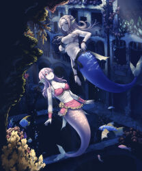Rule 34 | 2girls, air bubble, ater9, bikini, black bikini, breasts, brown hair, bubble, cleavage, closed mouth, collarbone, commentary request, fins, fish, fish request, from side, head fins, highres, large breasts, looking at another, looking at viewer, looking to the side, mermaid, monster girl, multiple girls, original, pink hair, red bikini, red eyes, ruins, smile, swimsuit, underwater