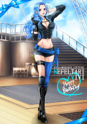 Rule 34 | 1girl, absurdres, alternate costume, antique firearm, arm up, artist name, asymmetrical legwear, belt, black footwear, blue belt, blue hair, blue ribbon, blue thighhighs, blurry, blurry background, boots, breasts, character name, cleavage, cloud, cloudy sky, collarbone, commentary request, cropped shirt, day, eyelashes, firearm, firelock, flintlock, forehead, full body, gun, hand up, handgun, happy birthday, highres, holster, holstered, jewelry, knee boots, large breasts, legs, lips, long hair, midriff, mismatched legwear, mixed-language commentary, navel, necklace, nefertari vivi, one piece, open mouth, outdoors, over-kneehighs, pink eyes, ribbon, rider (orange couture), shadow, short shorts, shorts, sidelocks, skindentation, sky, solo, standing, teeth, thigh holster, thighhighs, thighs, twitter username, upper teeth only, weapon