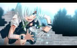 Rule 34 | 1girl, anime coloring, aqua eyes, bandages, bandage over one eye, blood, blood on face, braid, female focus, izayoi sakuya, knife, letterboxed, magic circle, open mouth, short hair, silver hair, skirt, solo, tomon (slash0410), torn clothes, touhou, twin braids, wallpaper, wrist cuffs