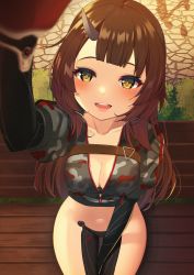 Rule 34 | 1girl, absurdres, bench, bodysuit, breasts, brown hair, camouflage, cleavage, collarbone, female focus, highres, hololive, looking at viewer, mugino0515, navel, on bench, open mouth, outdoors, reverse outfit, roboco-san, roboco-san (1st costume), short hair, sitting, smile, solo, virtual youtuber, yellow eyes