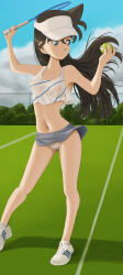 Rule 34 | 1girl, absurdres, arm up, ball, bare shoulders, blue eyes, brown hair, cameltoe, cleft of venus, closed mouth, cloud, collarbone, covered erect nipples, female focus, grey skirt, hat, highres, holding, holding ball, holding tennis racket, long hair, looking to the side, meitantei conan, midriff, miniskirt, mouri ran, navel, outdoors, panties, pantyshot, racket, shirt, shoes, skirt, sky, sleeveless, sneakers, solo, sportswear, standing, storm92, tennis ball, tennis court, tennis racket, tennis uniform, thighs, underwear, very long hair, visor cap, white footwear, white hat, white panties, white shirt