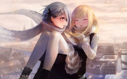 Rule 34 | 2girls, ange (princess principal), artist name, blonde hair, blurry, blurry background, blush, braid, carrying, cityscape, closed eyes, facing viewer, frilled skirt, frills, glasses, grey hair, looking at another, md5 mismatch, mittens, muike, multiple girls, outdoors, pantyhose, princess (princess principal), princess carry, princess principal, resolution mismatch, rooftop, scarf, school uniform, skirt, source larger, standing, white legwear, yuri