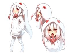 Rule 34 | 1girl, absurdres, animal hood, bandaged leg, bandages, commentary request, forked tongue, gradient hair, hair between eyes, hands in pockets, highres, hood, hood up, hoodie, idaten93, long hair, multicolored hair, multiple views, open mouth, original, personification, red eyes, red hair, scales, sharp teeth, sidelocks, simple background, slit pupils, snake, snake hood, snake tail, standing, tail, teeth, tongue, white background, white hair, white hoodie, white snake