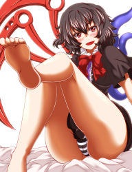 Rule 34 | 1girl, ascot, asymmetrical wings, bare legs, barefoot, black hair, blush, dress, feet, female focus, highres, houjuu nue, legs, open mouth, panties, red eyes, short hair, sitting, soles, solo, striped clothes, striped panties, thighs, toes, touhou, underwear, wings, zan (harukahime)