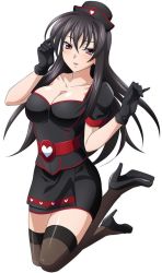 Rule 34 | 10s, 1girl, black hair, breasts, hat, high heels, high school dxd, large breasts, long hair, official art, purple eyes, raynare, smile, solo, thighhighs, white background
