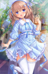 Rule 34 | 1girl, :d, bad id, bad pixiv id, bag, beret, blue choker, blue dress, blue eyes, blue footwear, blue ribbon, branch, breasts, brown hair, building, choker, collarbone, collared dress, commentary, cup, day, disposable cup, dress, drinking straw, frilled shirt collar, frills, hair between eyes, hair ornament, hair ribbon, handbag, hat, highres, holding, holding cup, long hair, long sleeves, looking at viewer, open mouth, original, outdoors, puffy long sleeves, puffy sleeves, ribbon, shoes, small breasts, smile, solo, standing, standing on one leg, striped clothes, striped dress, symbol-only commentary, thighhighs, two side up, umitonakai, vertical-striped clothes, vertical-striped dress, white background, white hat, window