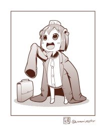 Rule 34 | 10s, 1girl, arm up, blush stickers, briefcase, commentary request, dress, greyscale, headgear, headset, jacket, kantai collection, long sleeves, monochrome, neckerchief, open mouth, oversized clothes, sailor dress, sazanami konami, shadow, short hair, sleeves past wrists, smile, solo, twitter username, white background, yukishiro honoka