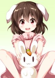 Rule 34 | 1girl, :3, animal, animal ears, black eyes, black hair, carrot necklace, dress, feet out of frame, floppy ears, gradient background, green background, hair between eyes, highres, inaba mob (touhou), inaba tewi, jewelry, looking at viewer, necklace, open mouth, pink dress, rabbit, rabbit ears, red eyes, ruu (tksymkw), short hair, short sleeves, sitting, smile, teeth, touhou