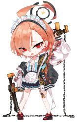 Rule 34 | 1girl, ahoge, apron, arm up, black footwear, black jacket, black skirt, blue archive, braid, breasts, brown hair, center frills, chain, chibi, cleavage, collared shirt, commentary request, earrings, fang, frilled apron, frills, gun, hair between eyes, halo, highres, holding, holding gun, holding weapon, jacket, jewelry, kotatu (akaki01aoki00), long hair, long sleeves, looking at viewer, maid, maid headdress, mole, mole under eye, neru (blue archive), open clothes, open jacket, open mouth, pleated skirt, puffy long sleeves, puffy sleeves, red eyes, shirt, shoes, sig mpx, simple background, single braid, skirt, small breasts, solo, standing, stud earrings, submachine gun, sukajan, very long hair, waist apron, weapon, white apron, white background, white shirt