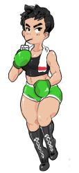 Rule 34 | 1girl, black hair, boots, boxing gloves, breasts, cross-laced footwear, drink, drinking straw, eyebrows, genderswap, genderswap (mtf), inkerton-kun, lace-up boots, little mac, midriff, punch-out!!, short hair, short shorts, shorts, small breasts, solo, sports bra, super smash bros., thick eyebrows, thick thighs, thighs