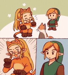 1boy 1girl animal_costume animal_ears belt blank_stare blonde_hair blush cat cat_costume cat_ears embarrassed fake_animal_ears green_tunic highres link nintendo official_alternate_costume paw_pose pointy_ears princess_zelda smile squatting sweatdrop teateeeea the_legend_of_zelda the_legend_of_zelda:_echoes_of_wisdom tunic whiskers