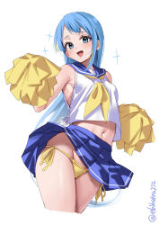 Rule 34 | 1girl, :d, blue eyes, blue hair, blue sailor collar, blue skirt, blush, breasts, commentary, cropped legs, ebifurya, groin, highres, kantai collection, long hair, looking at viewer, navel, neckerchief, one-hour drawing challenge, open mouth, panties, pleated skirt, pom pom (cheerleading), sailor collar, samidare (kancolle), school uniform, serafuku, shirt, side-tie panties, simple background, skirt, sleeveless, sleeveless shirt, small breasts, smile, solo, stomach, thighs, twitter username, underwear, very long hair, white background, white shirt, yellow neckerchief, yellow panties