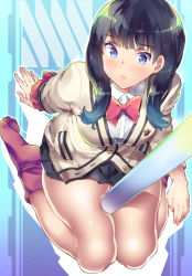 Rule 34 | 10s, 1girl, arm support, between legs, black hair, black skirt, blue eyes, blush, bow, bowtie, cardigan, closed mouth, commentary request, dress shirt, emblem, feet, frown, gridman universe, leaning back, legs up, light blush, lips, long hair, long sleeves, looking at viewer, miniskirt, no shoes, orange scrunchie, partial commentary, pleated skirt, pole, red bow, red bowtie, red socks, school uniform, scrunchie, shirt, sitting, skirt, socks, solo, ssss.gridman, sweatdrop, sweater, takano itsuki, takarada rikka, unbuttoned, wariza, white shirt, white sweater, wing collar, wrist scrunchie