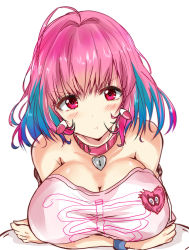 Rule 34 | 1girl, ahoge, annoyed, arms on table, arms under breasts, bangle, bare shoulders, blue hair, bracelet, breast rest, breasts, cleavage, closed mouth, collar, earrings, hair between eyes, hair intakes, haru (nature life), heart-shaped lock, heart on chest, idolmaster, idolmaster cinderella girls, jewelry, leaning forward, looking at viewer, multicolored hair, off-shoulder shirt, off shoulder, pill earrings, pink collar, pink eyes, pink hair, pink shirt, pout, shirt, short hair, simple background, skeleton print, t-shirt, two-tone hair, upper body, v-shaped eyebrows, white background, yumemi riamu