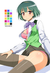 Rule 34 | 1girl, bad id, bad pixiv id, black thighhighs, blush, bra, breasts, clothes lift, color guide, downblouse, gradient hair, green hair, hairband, headset, idolmaster, idolmaster (classic), lingerie, medium breasts, multicolored hair, open clothes, open shirt, otonashi kotori, panties, red eyes, shirt, short hair, skirt, skirt lift, smile, solo, thighhighs, underwear, yatsune rika